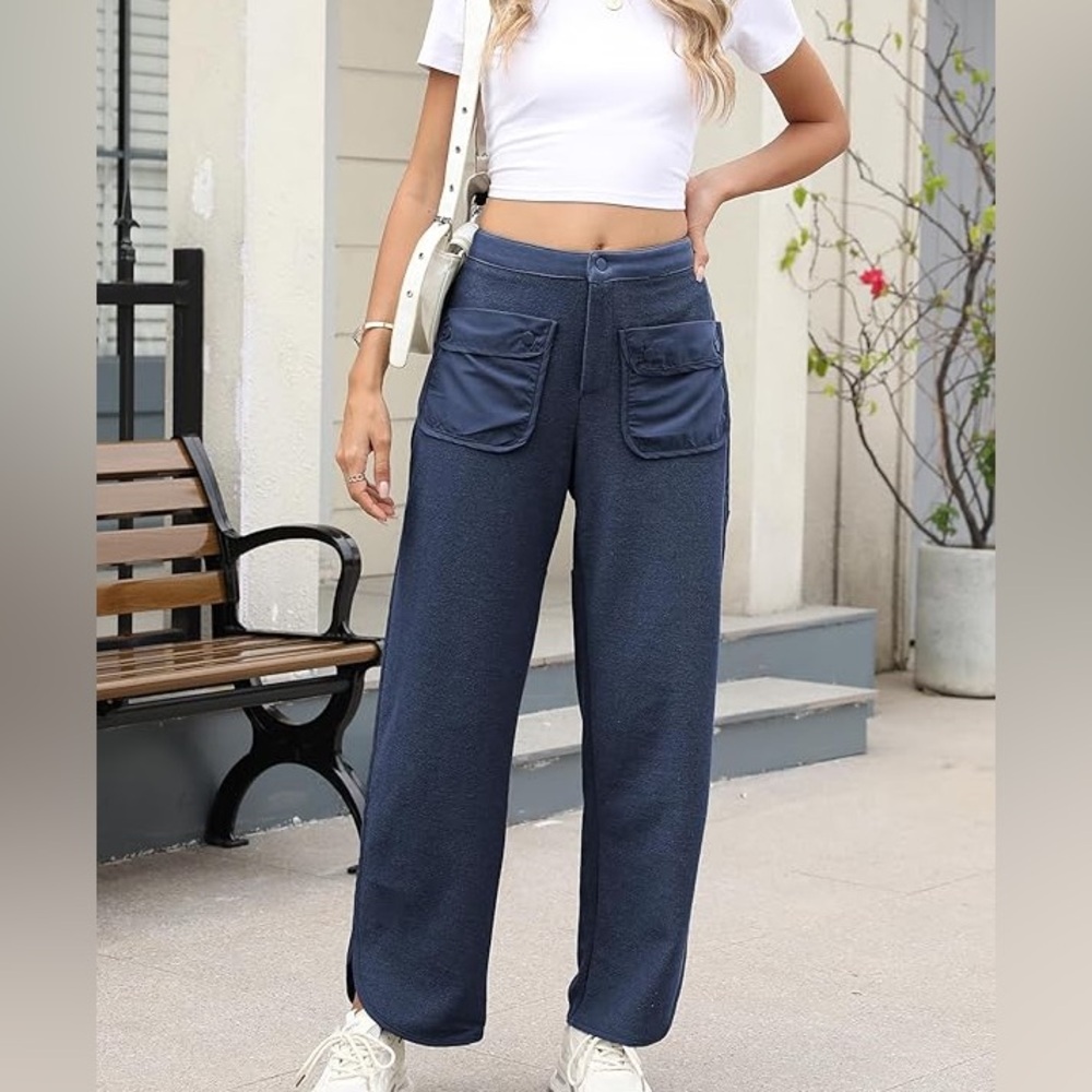 Blue front pocket wide leg ankle pants Sz m cotton poly blend